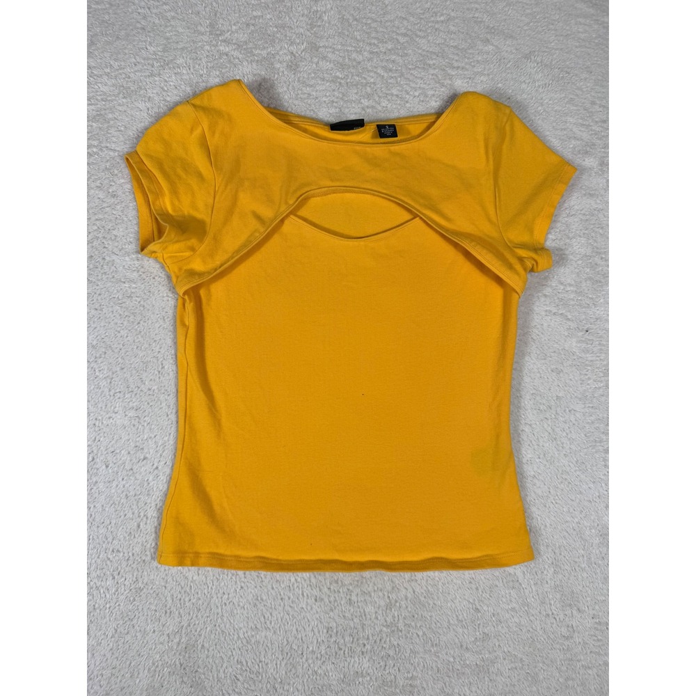 Q.U.E Cutout Keyhole Top Womens Small Yellow y2k Short Sleeve Stretch Tee USA